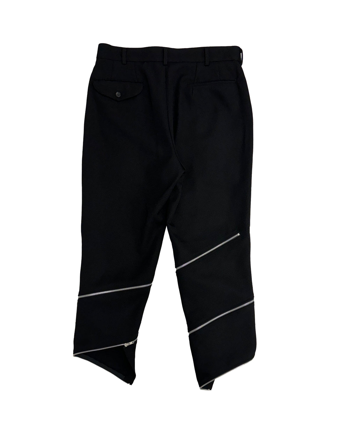 Black CDG asymmetric hem zipper pants
