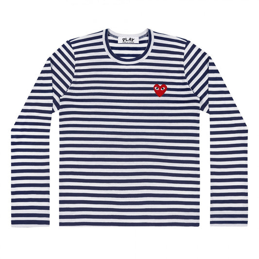 CDG PLAY Striped Long-Sleeve T-Shirt ¨C Navy-White, Red Heart