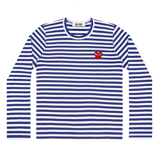CDG PLAY Striped Long-Sleeve T-Shirt ¨C Blue-White, Red Heart