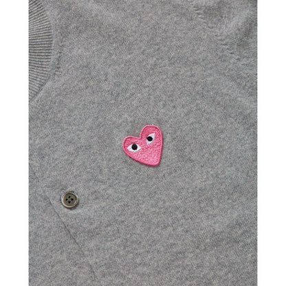 CDG PLAY Crewneck Cardigan ¨C Gray, Small Pink Heart