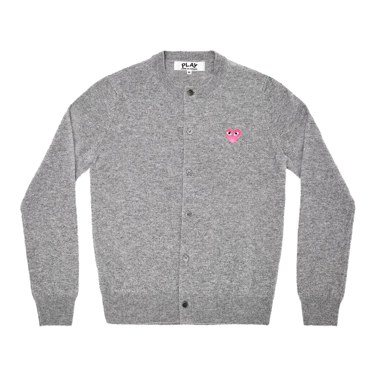 CDG PLAY Crewneck Cardigan ¨C Gray, Small Pink Heart