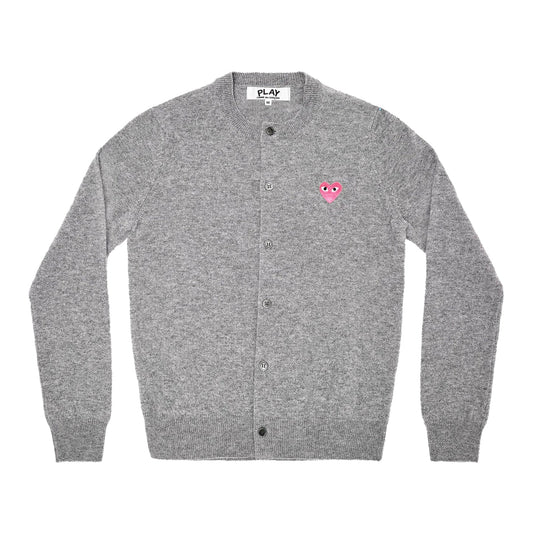 CDG PLAY Crewneck Cardigan ¨C Gray, Small Pink Heart